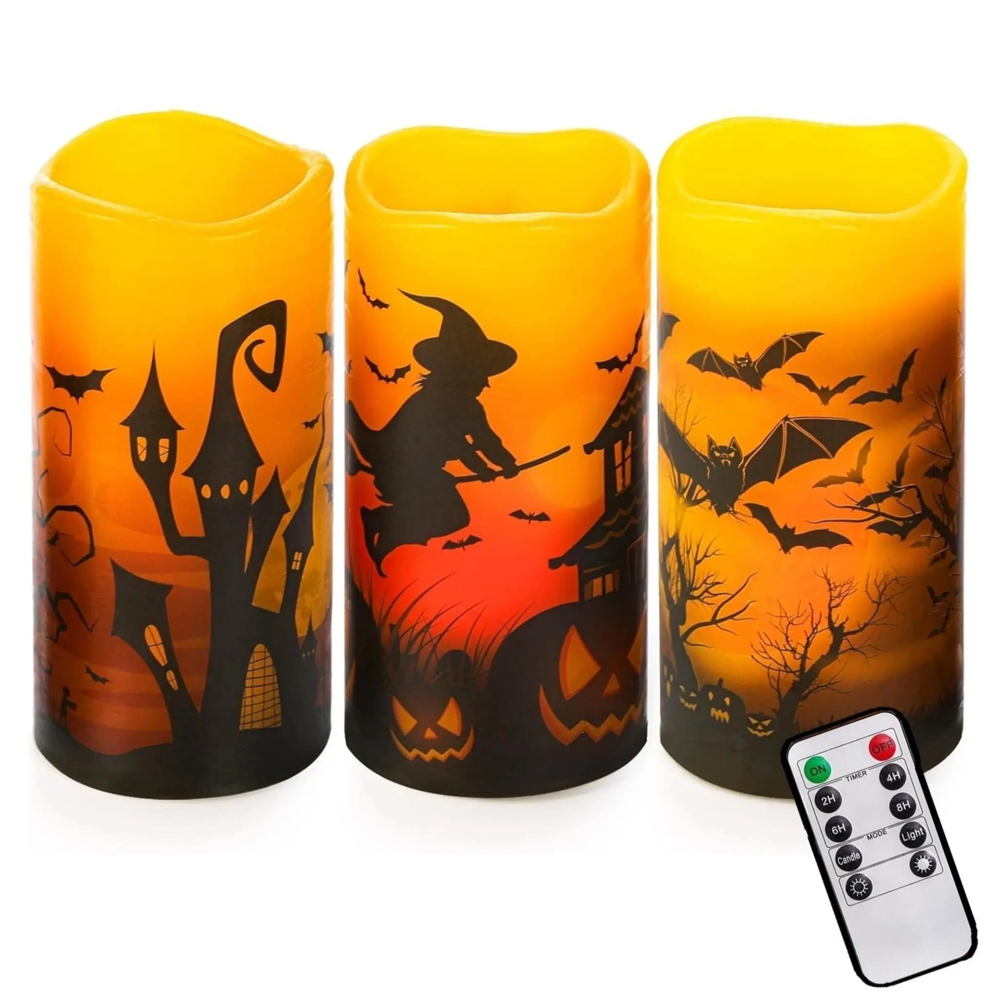 Halloween Flameless Candle Set with Remote, Battery-Powered LED Candles, Warm Light, Timer, Castle Witch Bat Stickers, 3 Pieces, Decor Lighting