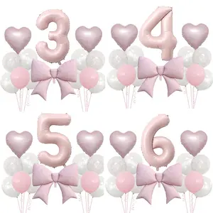 16 Piece Baby Number Bow Balloon Set, Aluminum Foil Balloons with Large Heart Bows, Princess Style Decor for Baby Birthday Party