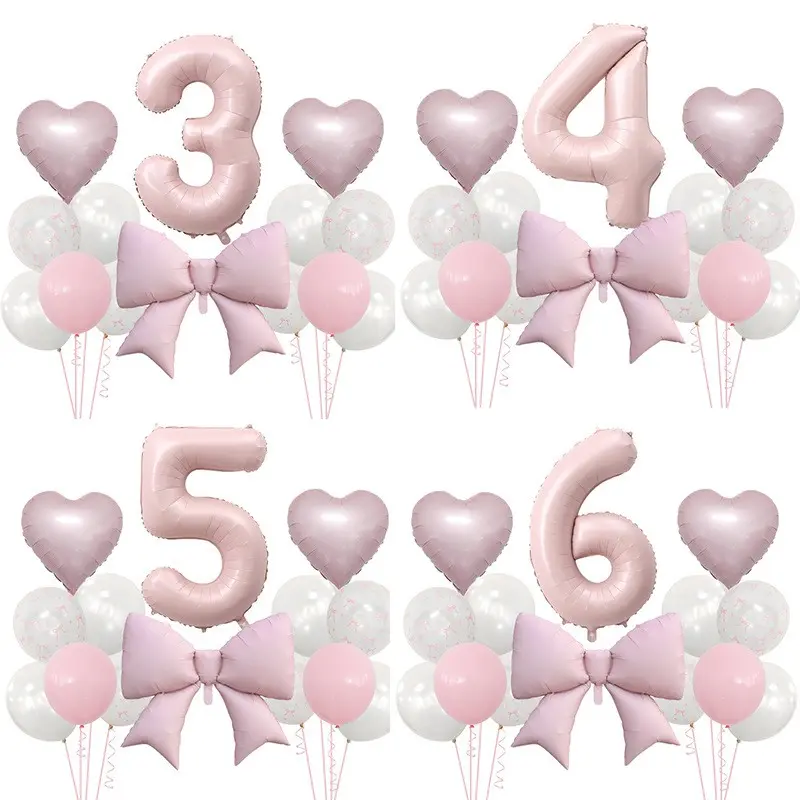 16 Piece Baby Number Bow Balloon Set, Aluminum Foil Balloons with Large Heart Bows, Princess Style Decor for Baby Birthday Party