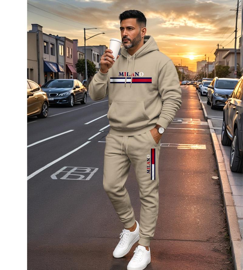 Men's MILANO Letter Pattern Print Hoodie and Drawstring Sweatpants Set, Menswear, Casual Athletic Long Sleeve Hooded Jacket & Trousers for Fall & Winter, Men's Clothing for Daily Wear, Sportswear Indoor Outdoor, Tracksuit, Athleisure
