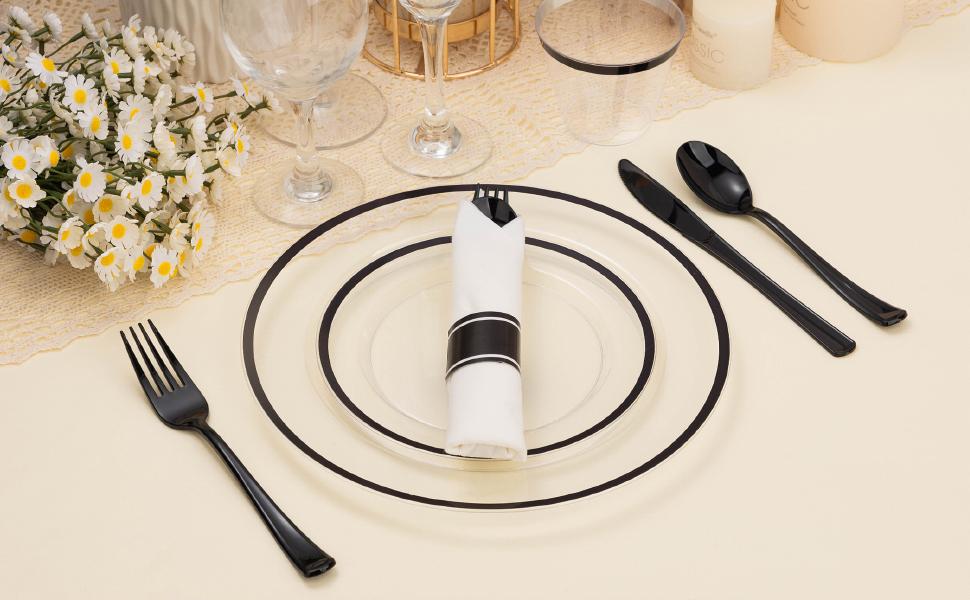350PCS Clear & Black Disposable Plates Set – 100 Plates, 50 Cups, 50 Pre-Rolled Napkins & Cutlery for 50 Guests with Fashion Design 350PCS Clear & Black Disposable Plates Set – 100 Plates, 50 Cups, 50 Pre-Rolled Napkins & Cutlery for 50 Guests with Fashion Design