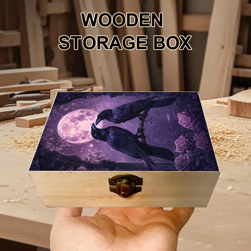 1Pc Hand - crafted Wooden Storage Box, Gift Storage Box with Mysterious Raven and Moon Illustration, Trinket Organizer, Keepsake Box for Jewelry Collection, Memento Storage, Home Decor, Decorative Boxes, Gothic and Bohemian Style
