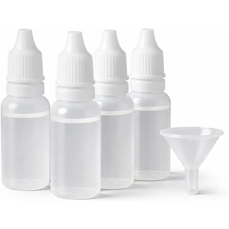 5PCS - 4 Plastic Empty Dropper Bottles with 1 Funnel - 15ml / 0.5oz | Refillable Squeeze Eye Liquid Bottle with Protective Cap - BPA Free | Leak-Proof Small Travel Container for Saline Serums Oil