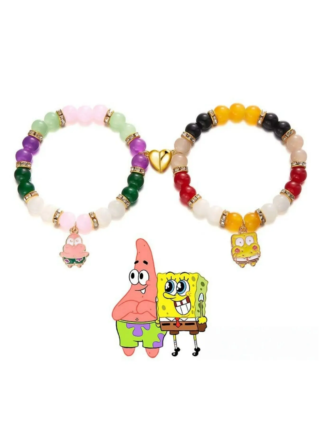 Anime Patrick Spongebob Heart Magnet Pendant Beaded Bracelet, Perfect Gift for Best Friends Classmates Couples