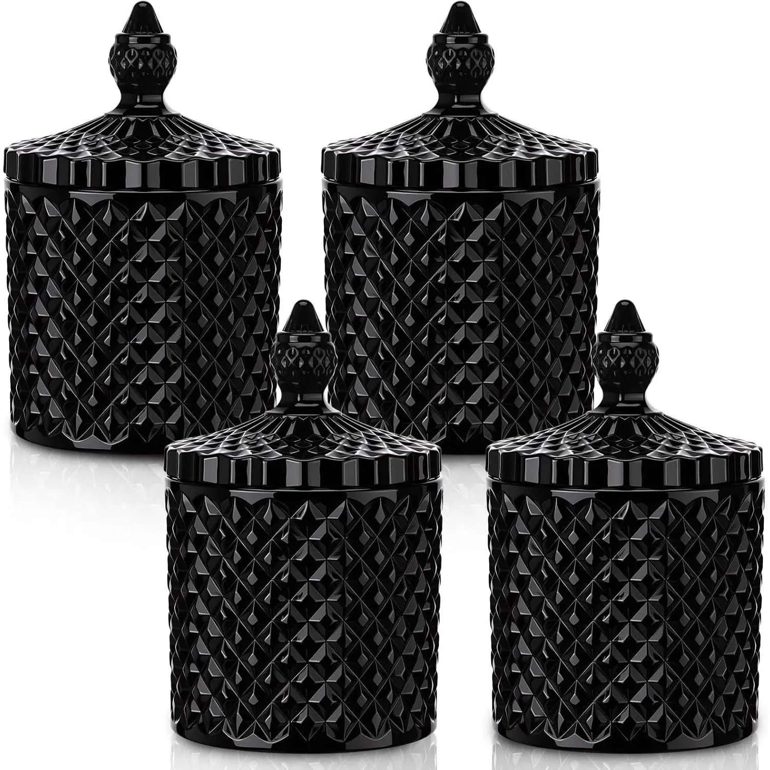 4 Pcs Crystal Glass Candy Jar Set with Lids Home Decorative Storage Jars  Apothecary, Bathroom, Kitchen, and Pantry, Ideal  Cotton Swabs and Jewelry(Medium,Black)