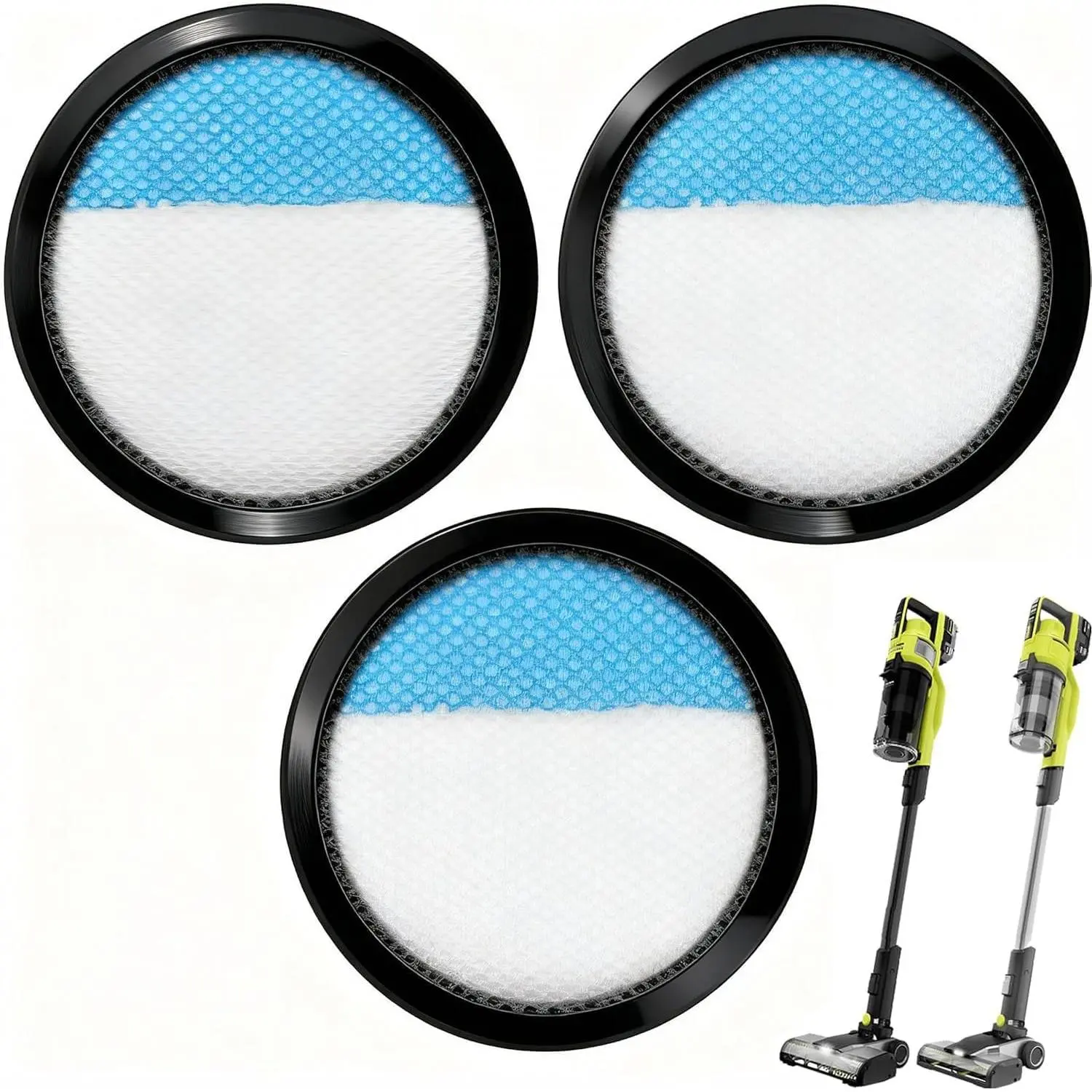 18V  + Washable Filter for Ryobi 18V Cordless Stick Vacuum PCL720, PBLSV716, PBLSV717  , Compare to Part A32SV720N, 3 Pack