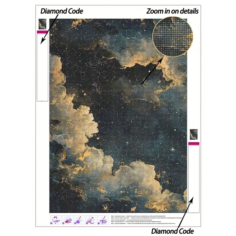 DIY Diamond Painting Kit, Dark Night Sky Golden Starry Cloud Oil Painting, Celestial Moonlight Landscape Wall Decor. Ideal for Living Room & Bedroom Hanging, Relaxing DIY Craft, Elegant Gift for Astronomy & Art Lovers