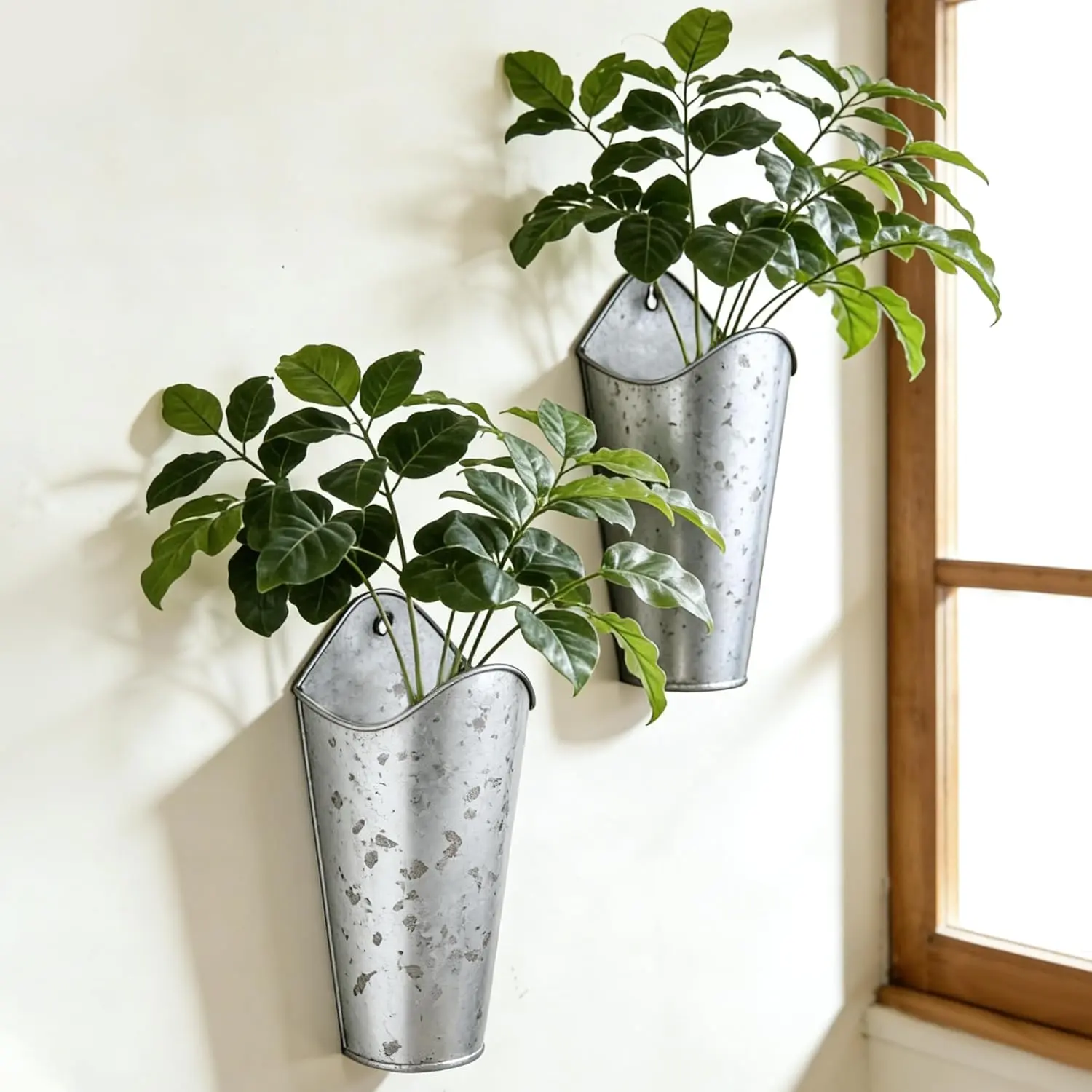 12 Inches Galvanized Wall Planters, Set of 2 - Metal  Flower Buckets for  Decor, Tall Tin Vases for Dried  & Greenery, Indoor Outdoor Country Decor