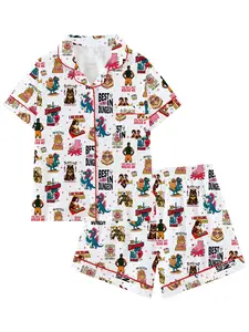 D&d New Season Cartoon Print Women's Pajama Set, Short Sleeve Slim-Fit Milk Silk Sleepwear, Casual Spring & Fall Home
