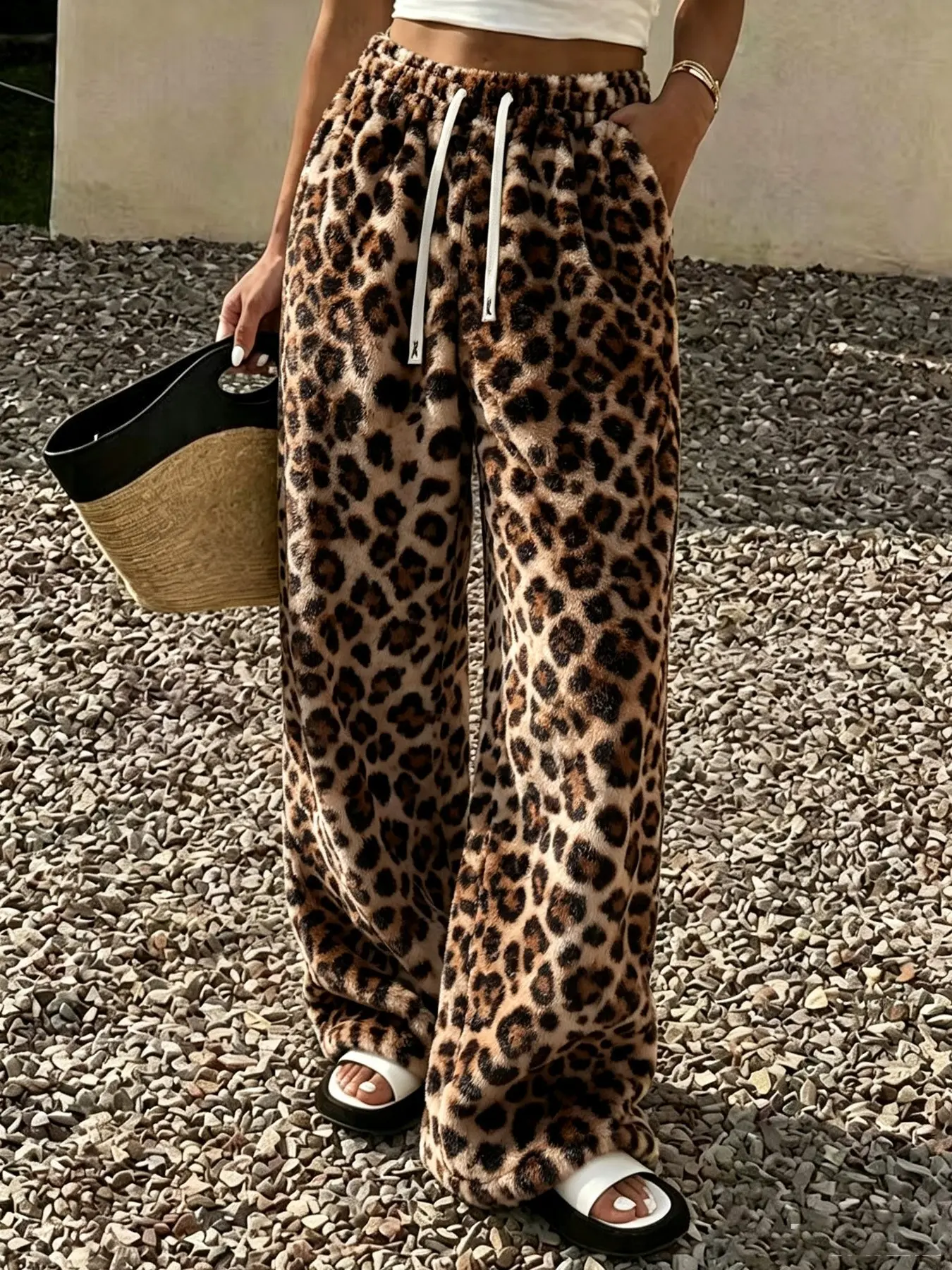 Vintage Leopard Print Plush Fur Loose Fit Pants Bottoms, Unisex Long Wide Leg Trousers, Elastic Waist, Fall Winter Fashion, Comfortable & Stylish