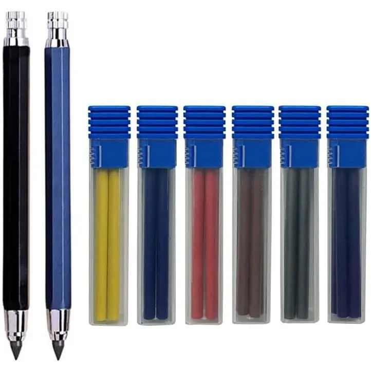 8 count 5.6mm Metal Mechanical Pencil with Pencil Leads Set Graphite Pencil Lead Mechanical Pencil for Engineering, Marking, Sketching, Drawing, Architecture Construction (black&blue)