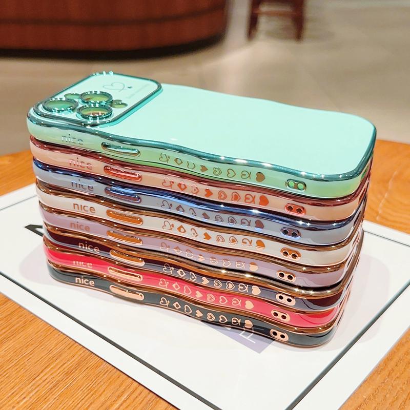 OREKROY [FreeShip] Cute Wave Shape with Love Heart Raised Camera Protection Phone case For iPhone 16 15 14 13 1211 Pro Max Accessories Durable Silicone Shiny Silicone Shiny Wavy