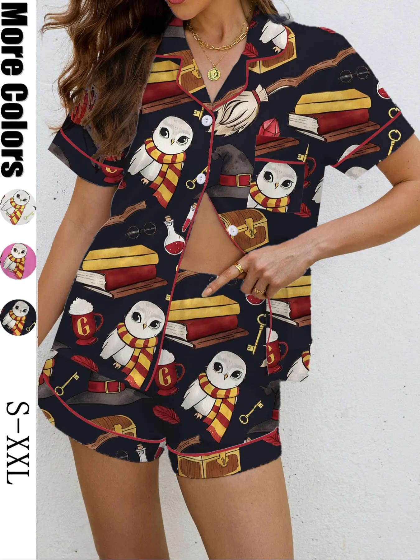 Women's Owl Broom Magic Print Pajama Set, Casual Loose-Fit Fashion Sleepwear Loungewear, Soft Shirt Collar Top & Elastic Shorts, All-Over Print Design Pjs Collared, Pajama Nightwear, Loungewear Shorts Sets