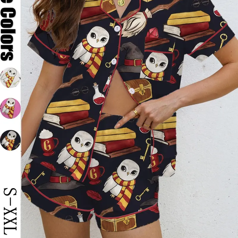 Women's Owl Broom Magic Print Pajama Set, Casual Loose-Fit Fashion Sleepwear Loungewear, Soft Shirt Collar Top & Elastic Shorts, All-Over Print Design Pjs Collared, Pajama Nightwear, Printed Sleepwear Set Loungewear Shorts Sets