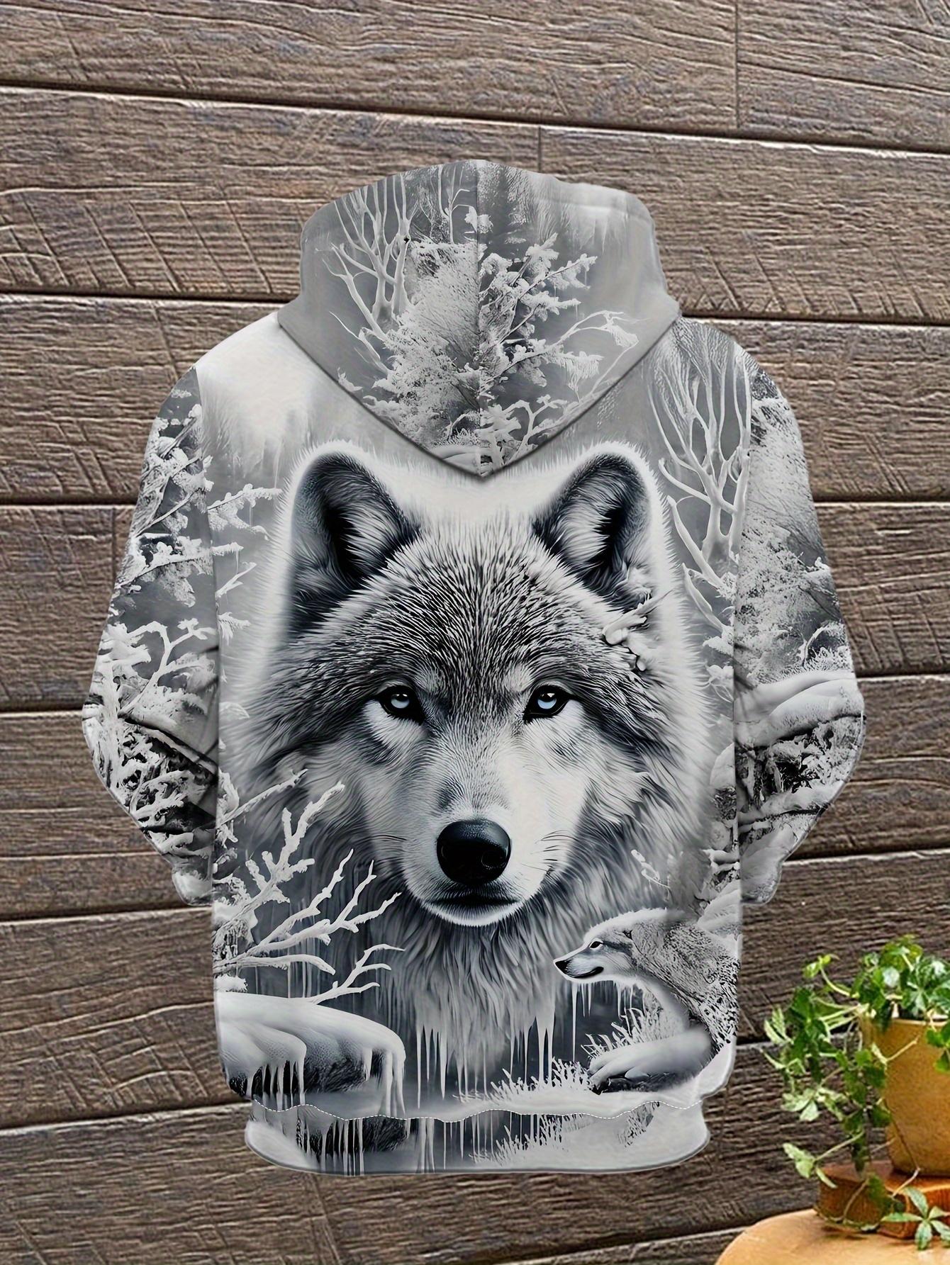 Men's Wolf Print Hoodie - Casual Polyester Knitted Top, Autumn/Winter Regular Edition Animal Pattern Hoodie