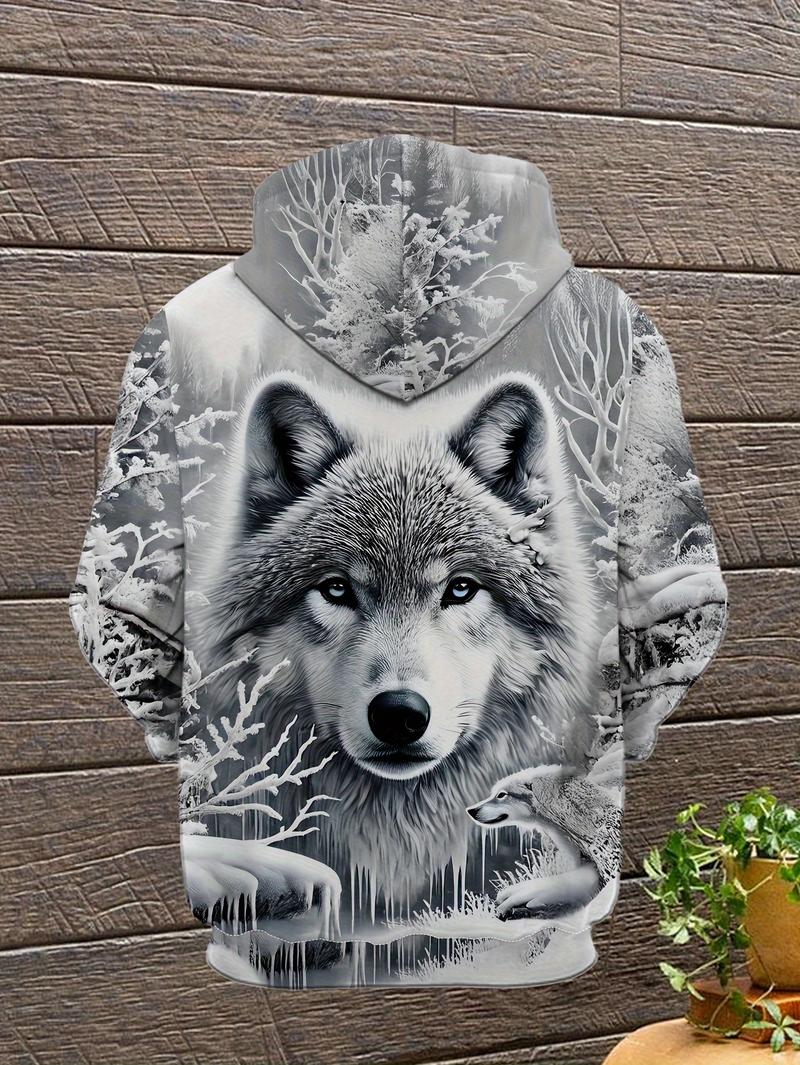 Men's Wolf Printed Hoodie - Casual Polyester Knitted Sweater with Zipper Pocket, Autumn/Winter Regular Edition Animal Pattern Hoodie