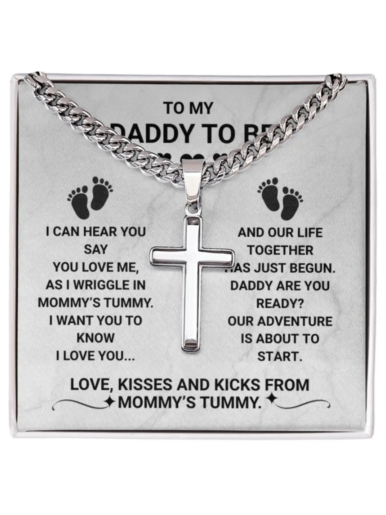 To My Daddy To Be Necklace Stainless Steel Cross Chain Design Necklace with Message Card and Gift Box,Gift from Unborn Baby, Pregnancy Announcement Keepsake with Baby Feet, for Expectant Father, Baby Shower Gifts for Dad to Be
