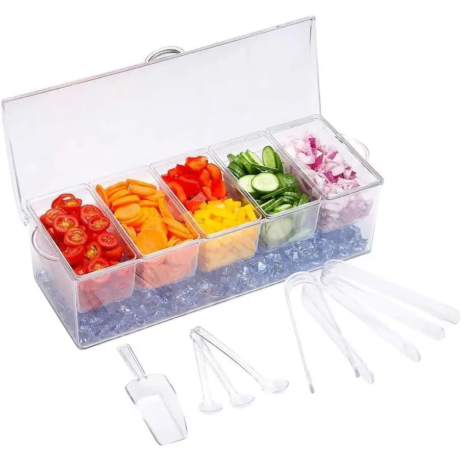 5-Grid Removable Condiment Tray with Ice Cooler, Salad Platter for Home Bar