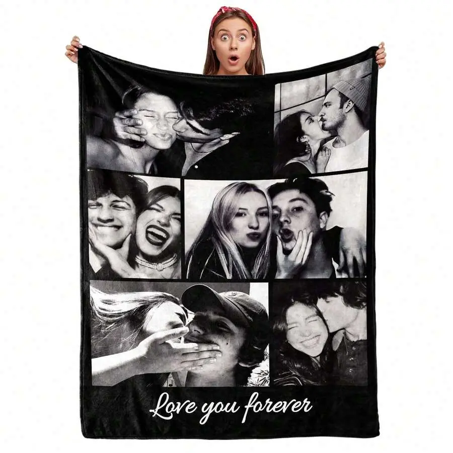 Custom Love You Forever Photo Flannel Blanket, 6 Picture Personalized Film Couple Soft Throw, Cozy Warm Romantic Gift for Her Him Girlfriend Boyfriend, Black White Memory Home Decor for Couch Sofa Bed, AC Room Summer Blanket, Anniversary Keepsake