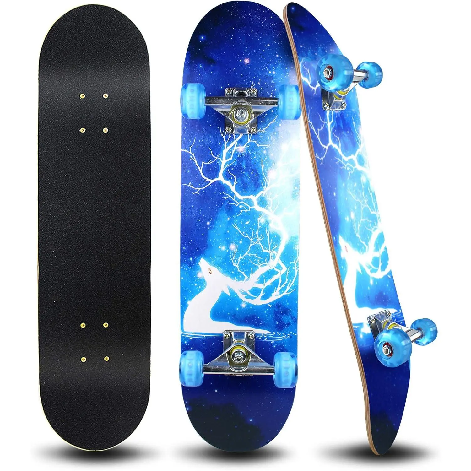 Complete Skateboard for Beginners, 31x8 Inch 7-Layer Maple Cruiser Deck with Luminous LED Wheels, ABEC-11 Bearings & Tool Kit, 2 Spare Bearings, 4 Led Luminous Pu Wheels