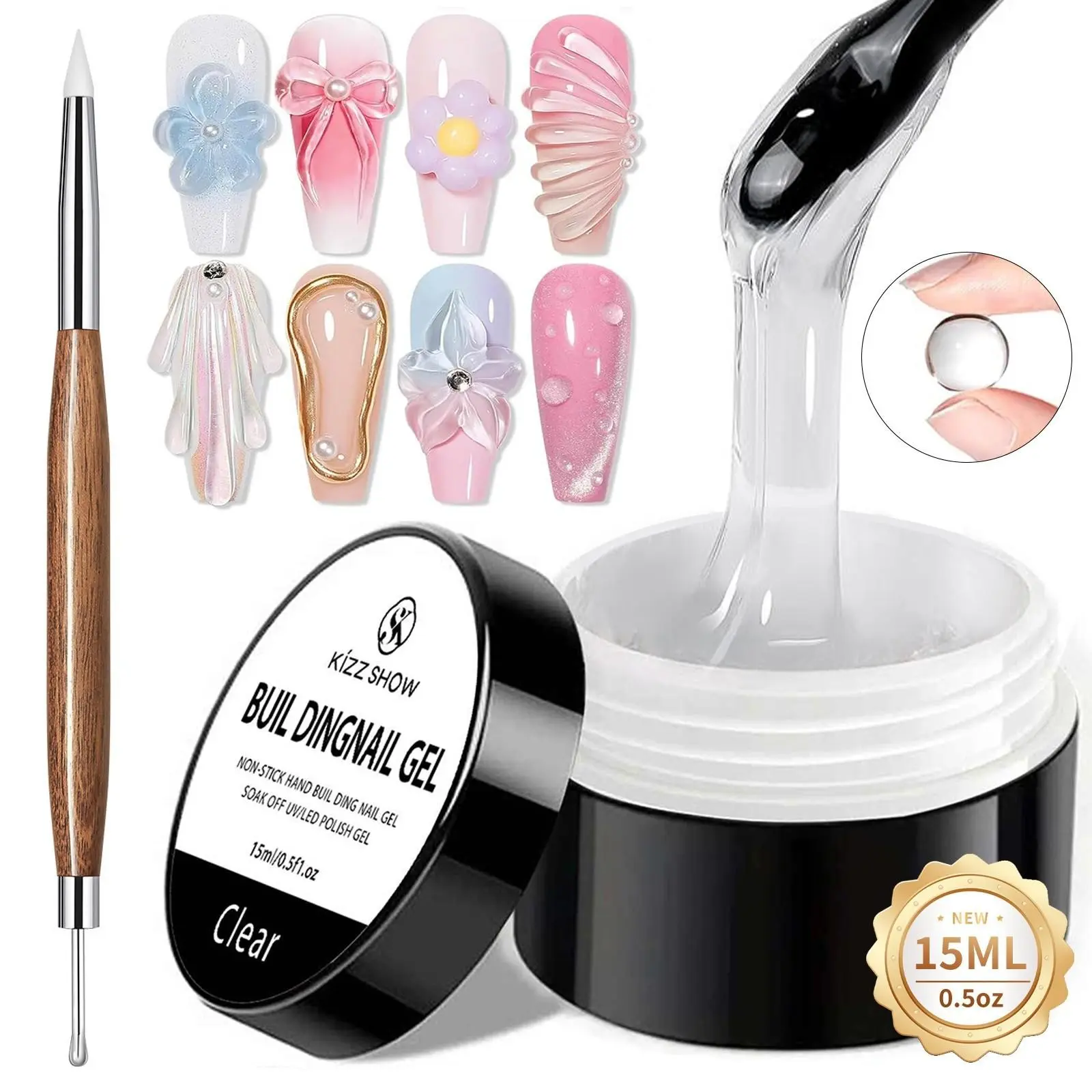 15g Nail Gel Suitable for 3D Nail Jewelry Rhinestone, Bubble-free, UV/LED Building Gel for Instant Manicure & Nail Decorations, Gel for Nail Designs, Nail Art Products