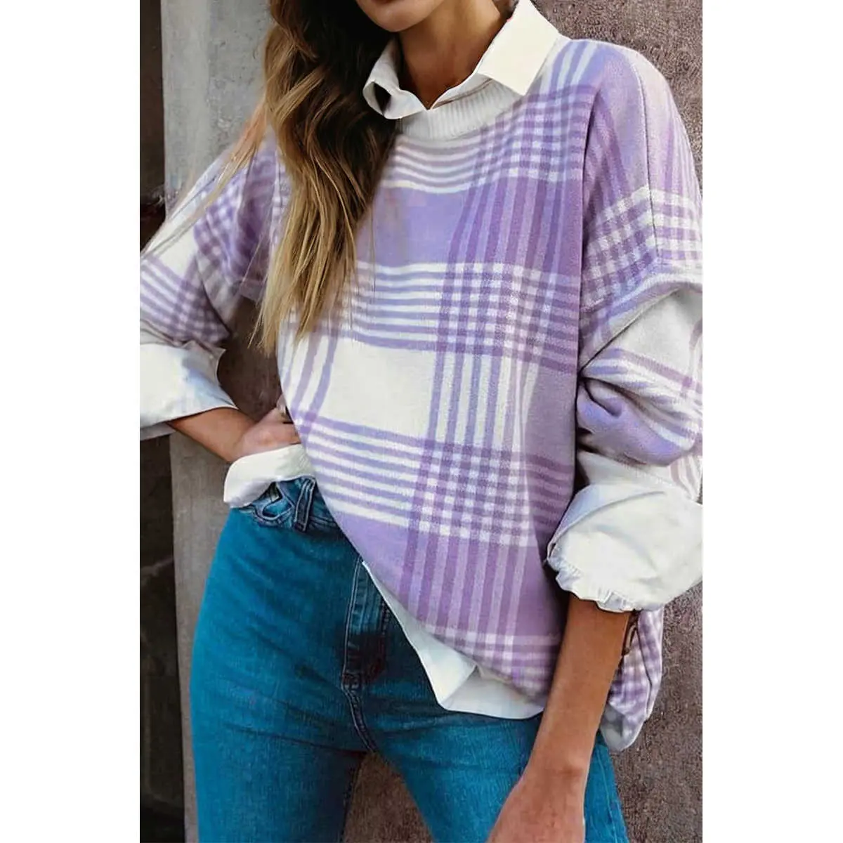 Women's Chic Long Sleeve Plaid Print Ribbed Trim Loose Fit Knit Sweater - Casual Pullover Top with Stylish Knitwear Fabric, Style, Elegance, Comfortable, Soft, Statement, Polyester