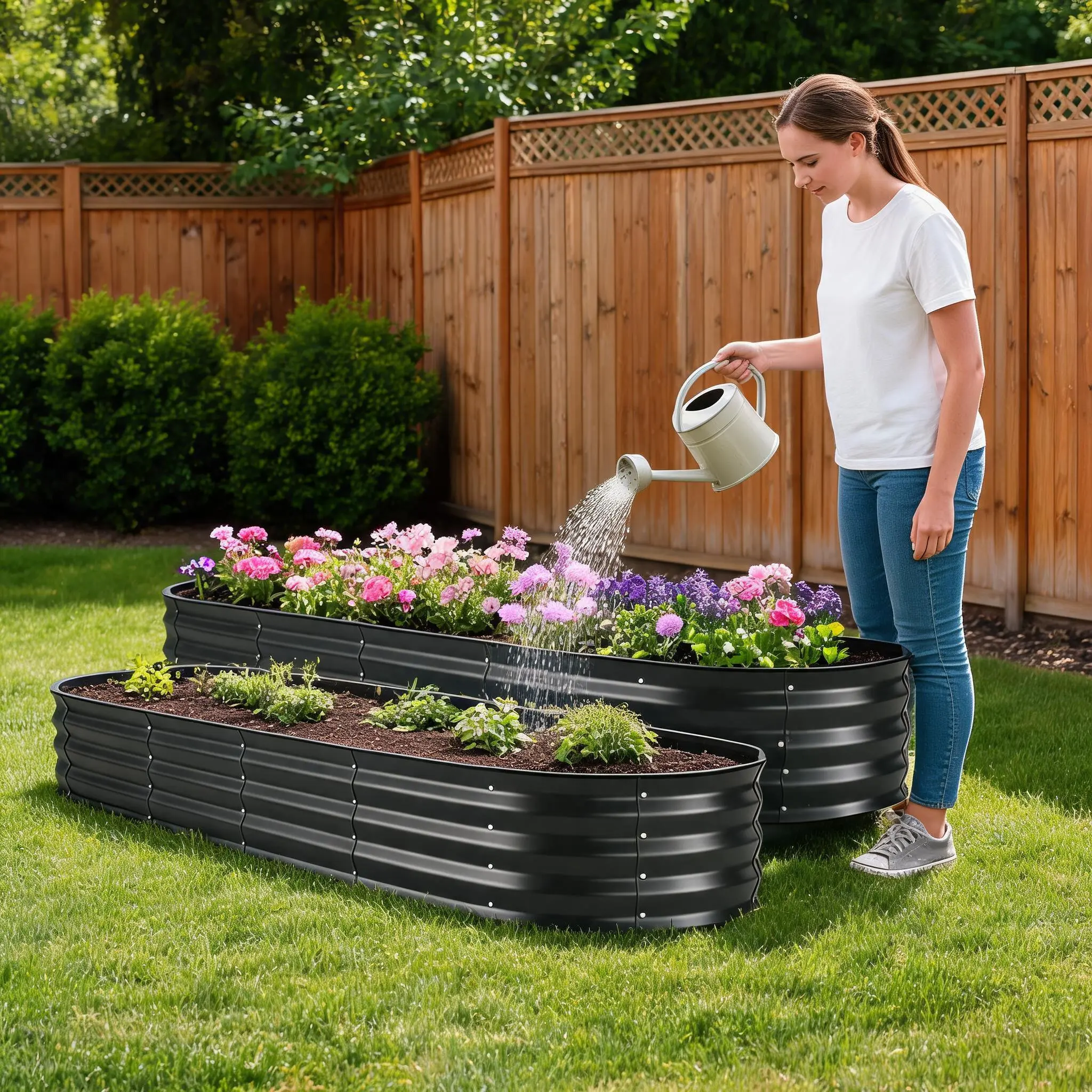 Garvee Rust-Resistant Extra Tall Galvanized Steel Modular Oval Raised Garden Bed - 18"-24" Heights Deep Outdoor Planter Box, Anti-Cut Safety Edges, Easy Assembly, Weatherproof, Ideal for Vegetables, Beige/Green, Multiple Sizes
