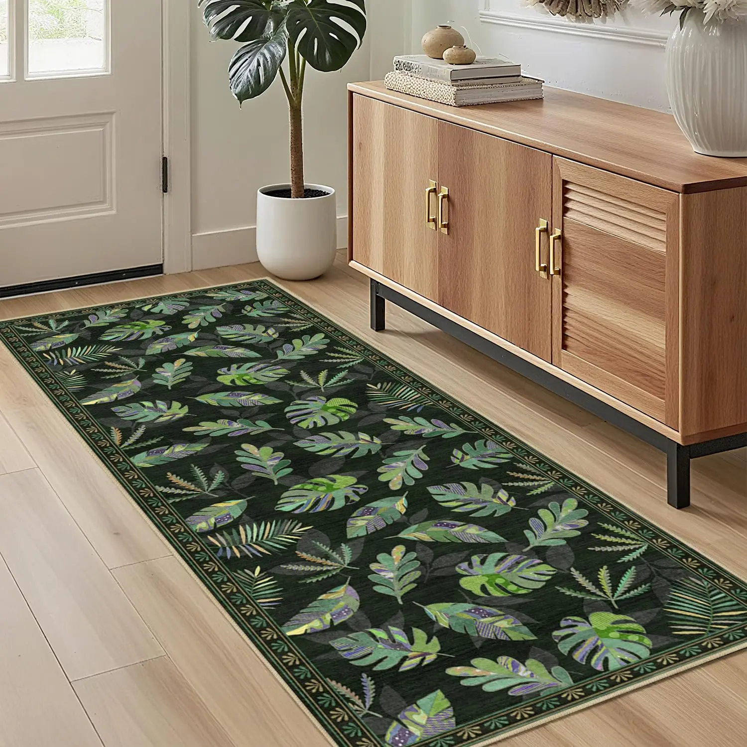 Monstera Runner Rug 2x6 for Hallway Kitchen Bedroom,Sage Green Leaf Runner Rugs Washable Tropical Botanical Rug Non-Slip Printed Low Pile Long Floor Carpet Mat for Bedroom Laundry,Green