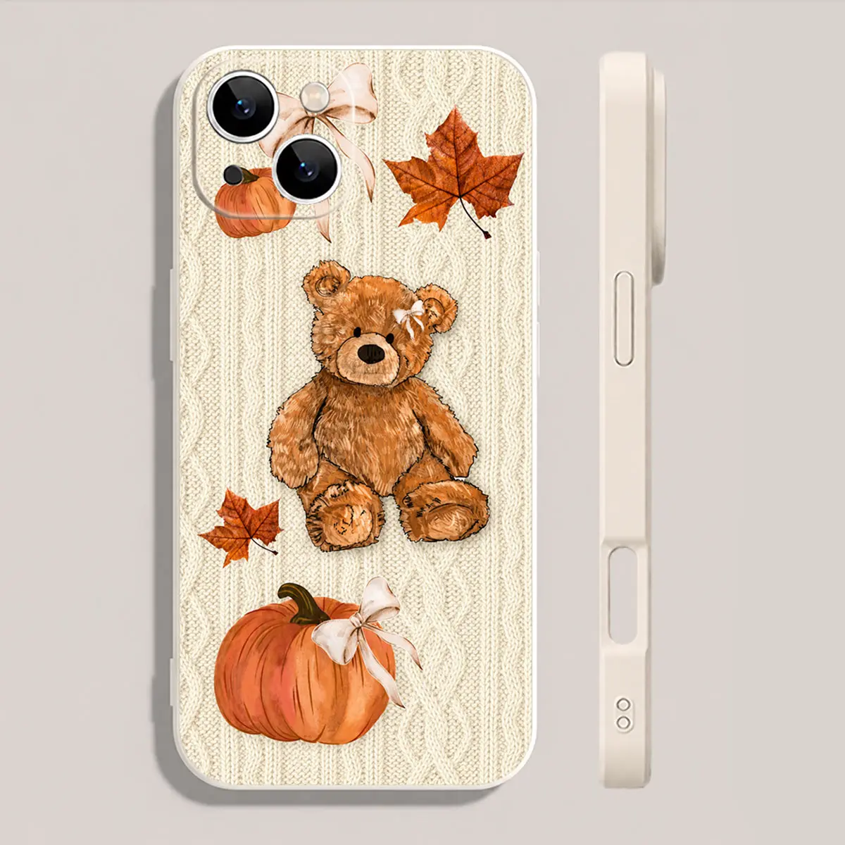 Pumpkin Teddy Knit Phone Case, Autumn Cottagecore Maple Leaf Slim Bumper Cover for iPhone 17 16 15 14 13 12 11 X Plus Pro Max, Fall Birthday Gift