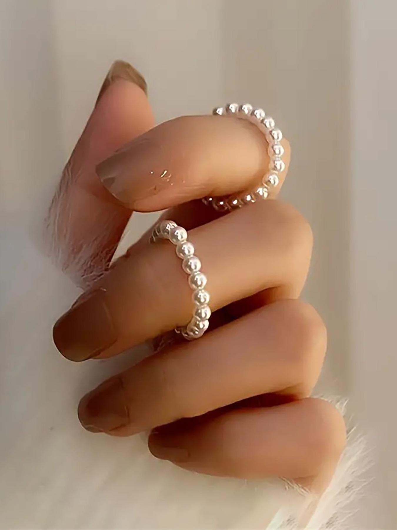 Elegant Women's Faux Pearl Stretch Rings Set, Casual Daily Wear Jewelry, Stylish Female Accessories, Perfect Gift Idea