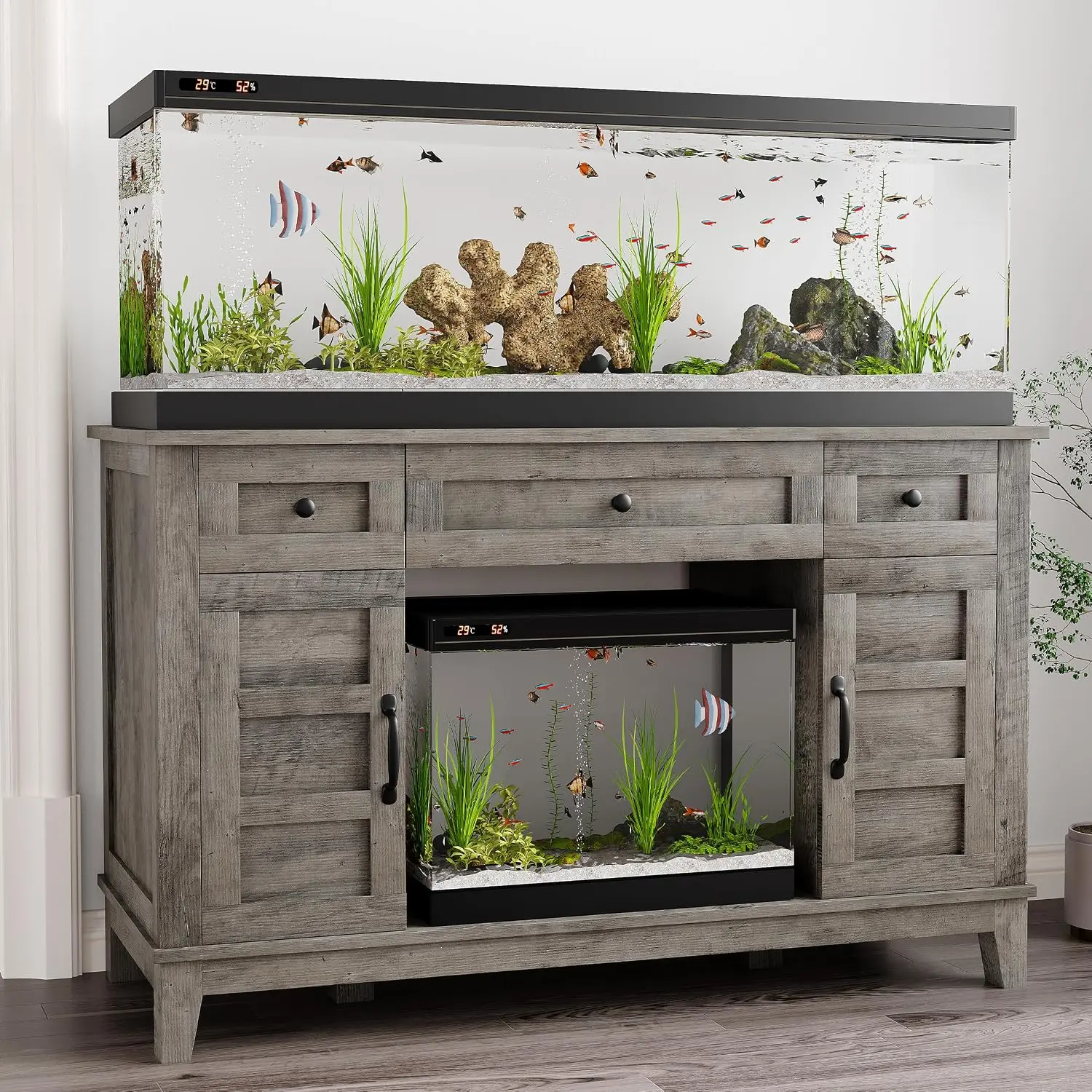 Aquarium Stand with Built-in Power Outlet, 55 Gallon Heavy Duty Fish Tank Stand with Adjustable Shelves & Removable Middle Shelf, 1400LBS Load Bearing, Farmhouse Storage Stand for 30-55 Gallon Fish Turtle Reptile Terrarium Indoor Home Use