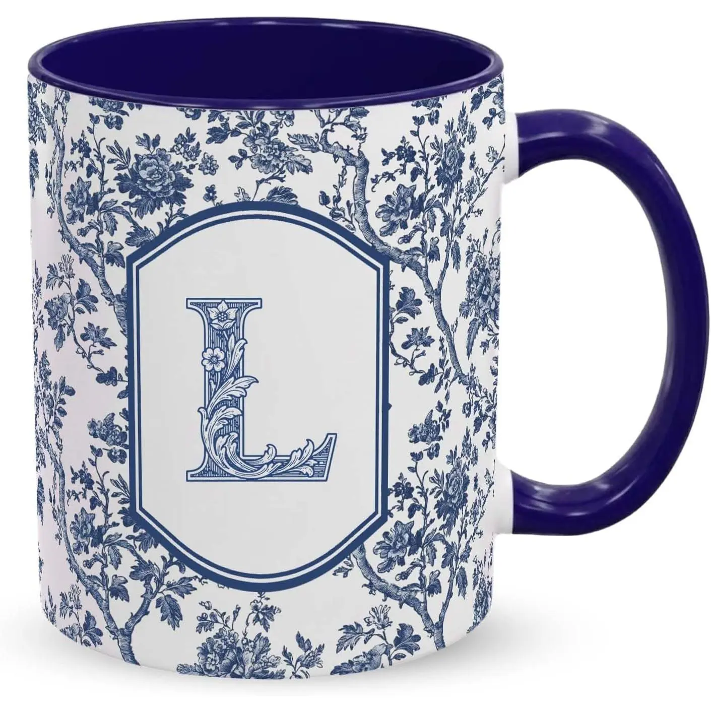 Initial Mug for Women, Personalized Coffee Mug with Letter L, Blue Toile Ceramic Coffee Cup, Monogram  Mug, Custom Style Birthday  for  Coworker Her