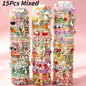 15Pcs Mixed Colorful Beaded Glass Crystal Bracelet Set With Cute Bowknot, Flower Butterfly Charms, Create Your Style Jewelry For Daily Outfits