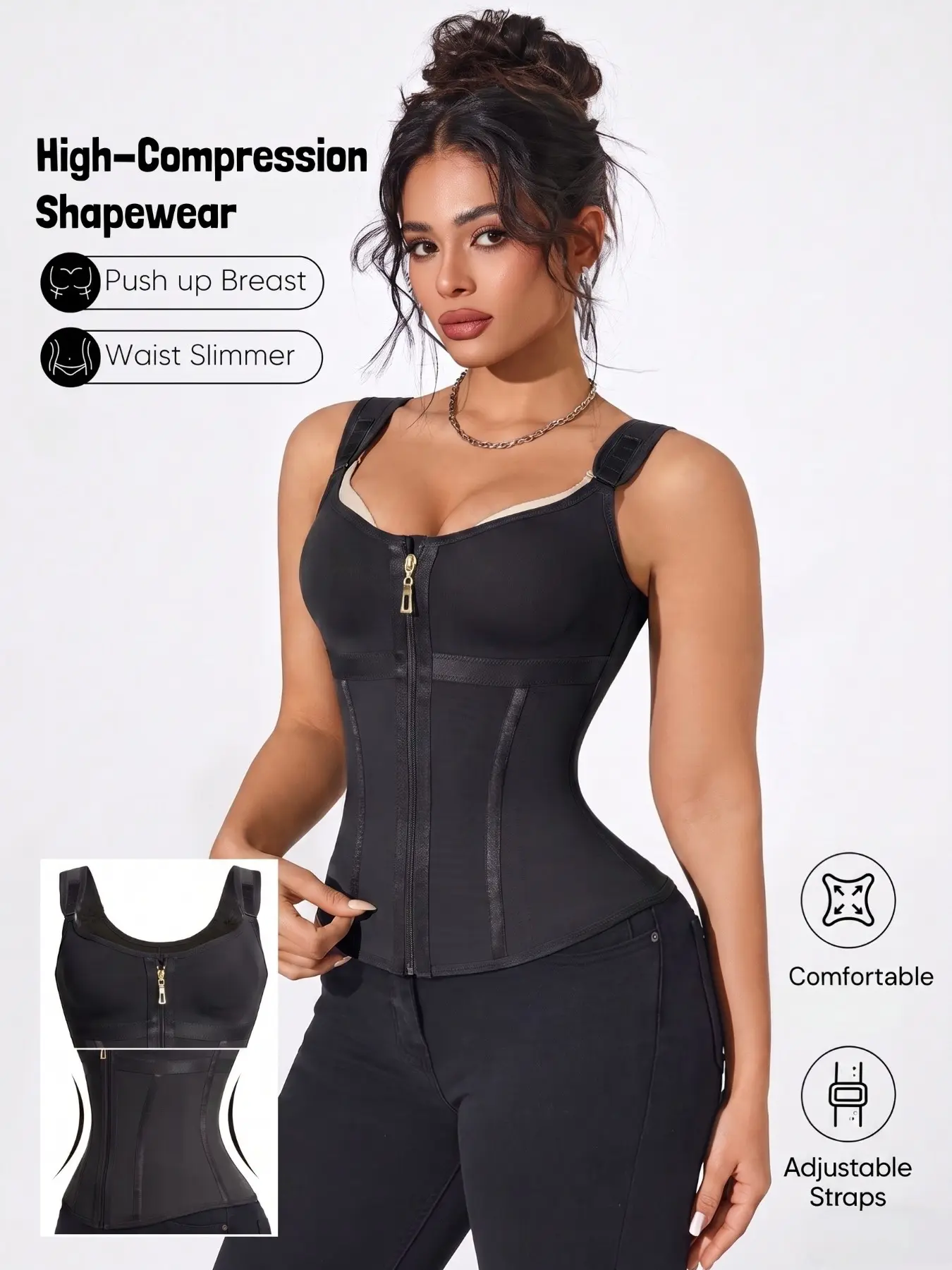 1 Count Women's Solid Color Shapewear Tank Tops, Colombian, Fajas, Shaper Body Shaper, Tummy Control Girdle Shaper Vest, Adjustable Hook & Eye Closure Zipper Waist Trainer, Suitable For Daily Commute, Work Meetings & Lunch Breaks