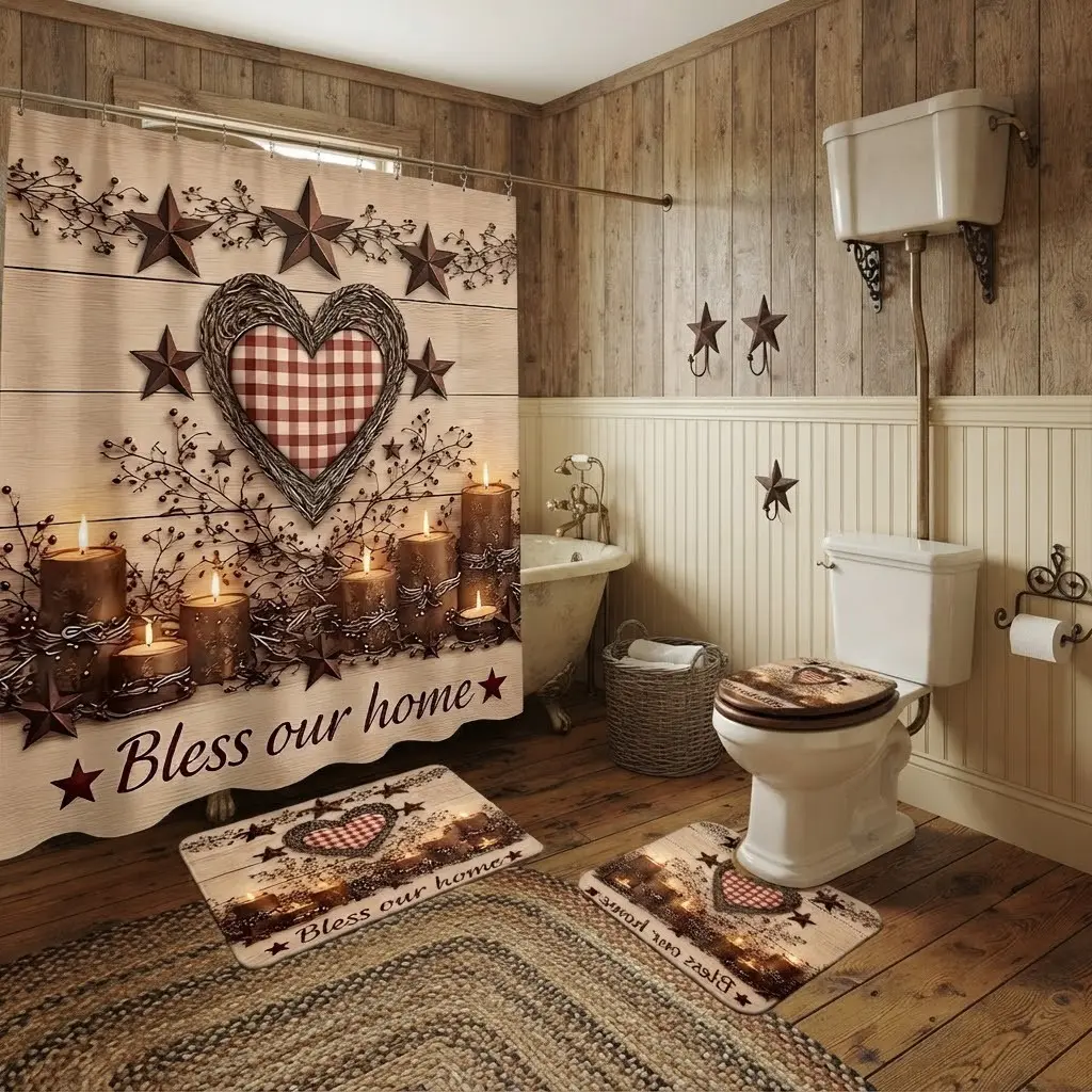 4pcs Rustic Wooden Plank Star Heart Plaid Bathroom Shower Curtain Set, Vintage Glowing Candle Twig Bless Our Home Art Bath Mat Toilet Lid Cover Combo, The floor mat fabric is thicker and softer! Warm Thanksgiving Countryside Decor for Shower Room