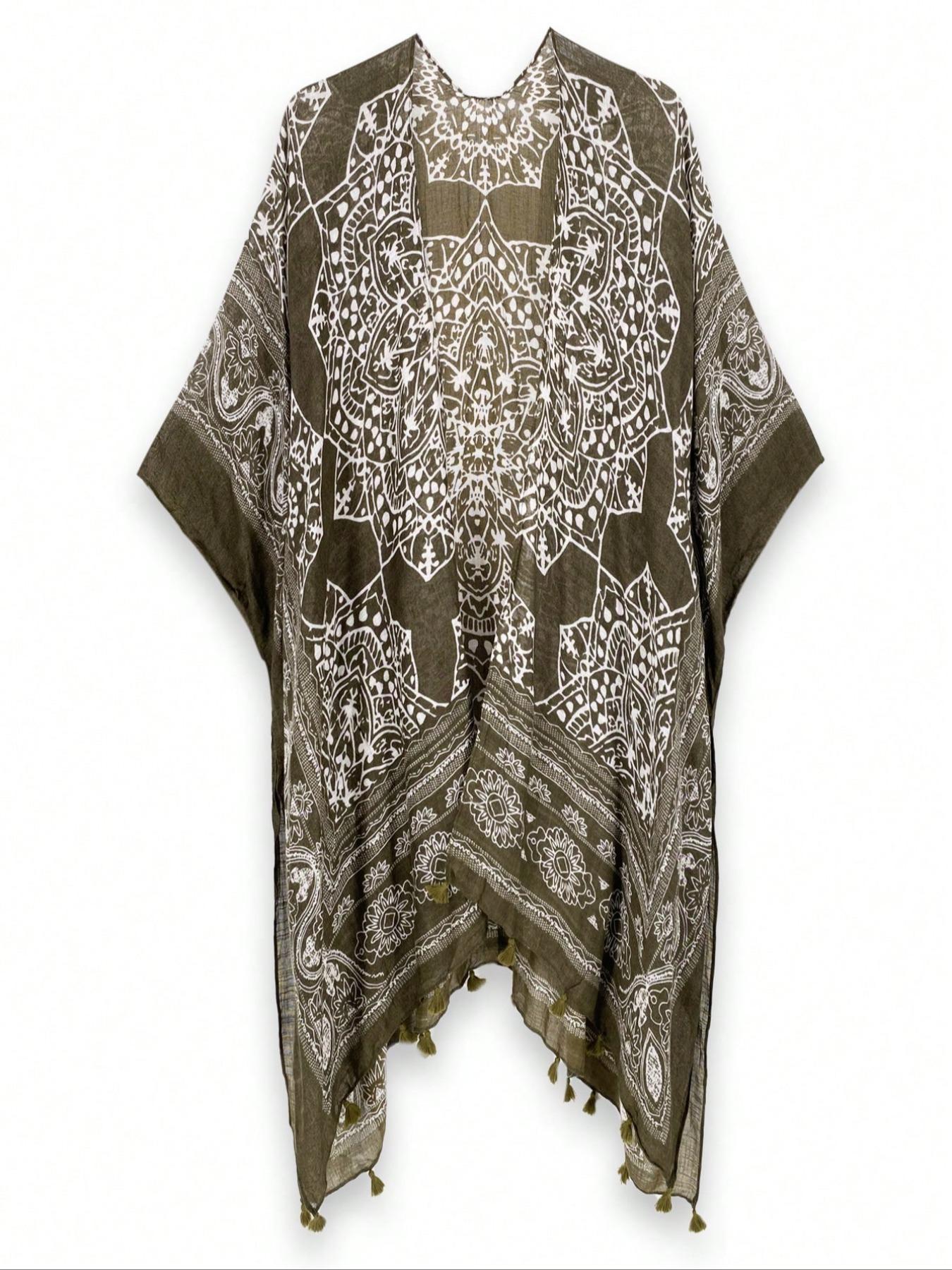 Women's Ethnic Pattern Fringe Trim Kimono Cover Up, Boho Batwing Sleeve Open Front Cover Up, Ladies Summer Clothes for Beach Holiday Vacation, Beach Cover Ups, Swimsuit Cover Ups