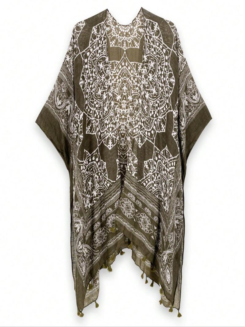 Women's Ethnic Pattern Fringe Trim Kimono Cover Up, Boho Batwing Sleeve Open Front Cover Up, Ladies Summer Clothes for Beach Holiday Vacation, Beach Cover Ups, Swimwear Cover Up