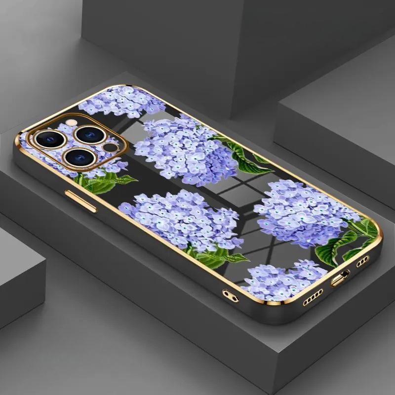 Electroplated TPU Phone Case Lavender Hydrangea Grace Pattern Classic Straight Design Scratch Resistant Softcase for iPhone 17 15 Pro Max 16 14 Plus 13 12 11