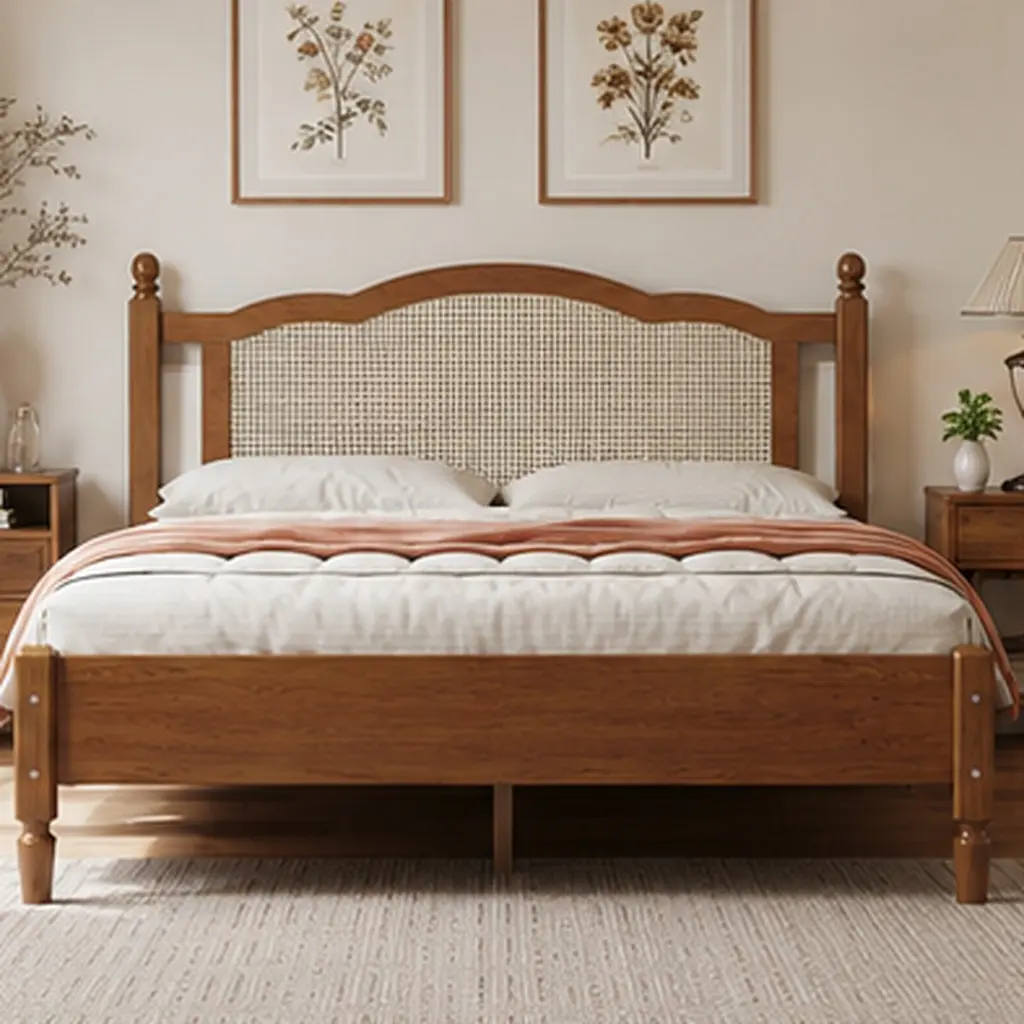 ARCH Queen Size Wooden Platform Bed with Natural Rattan Headboard, Vintage Bed Frame with Wood Slat Support, No Box Spring Needed, Walnut Finish, Sturdy Wood Construction for Bedroom, Multiple Size Options Available, Full/King/Queen Size Options