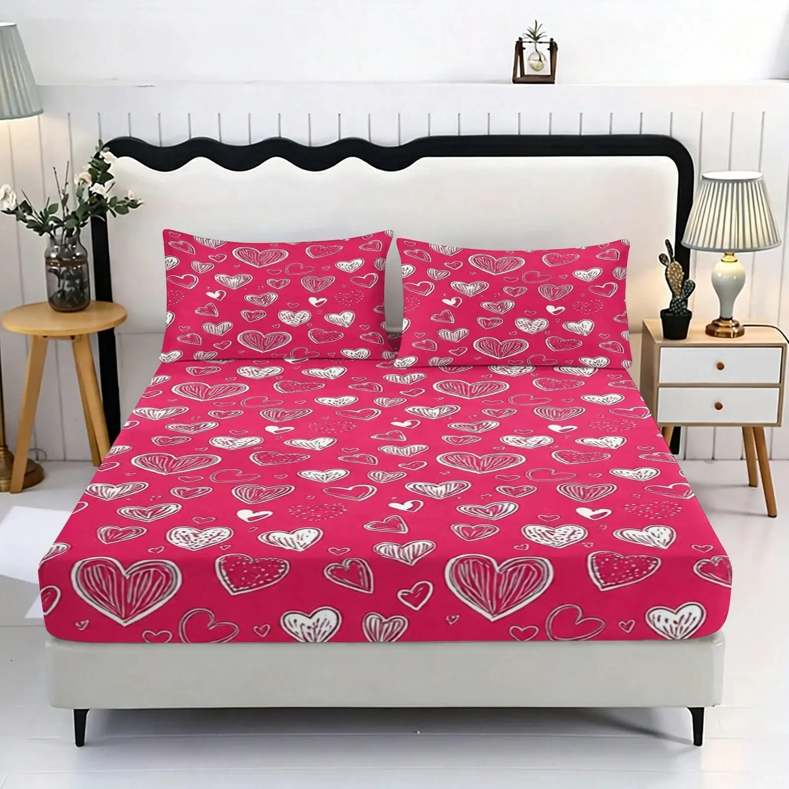 3-Piece Bed Sheet Set, Heart Print, Includes 1 Mattress Cover 2 Pillowcases, Polyester, Digital Print, All Seasons, Home Textiles