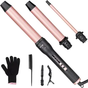 3 in 1 Curling Iron Set, 3 Interchangeable Ceramic Curling Barrels 0.35”-1.25”, Instant Heat Up Dual Voltage Hair Curler for Beach Waves, Includes Heat Resistant Glove