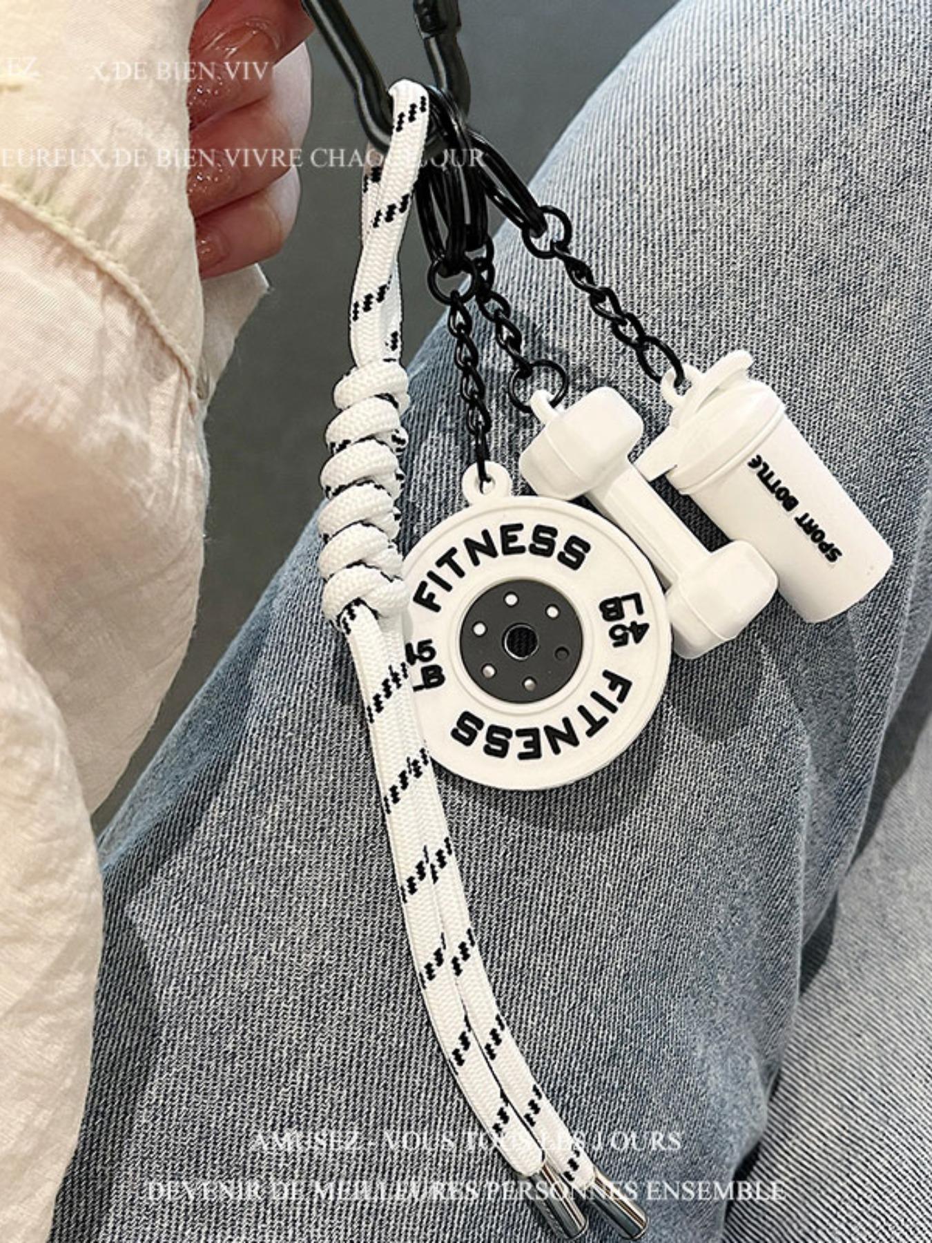 Sports Fitness Keychain Lanyard Keyring Barbell & Dumbbell Pendant Keychain With Woven Black White Rope, Keychain for bags, Keychain Accessories