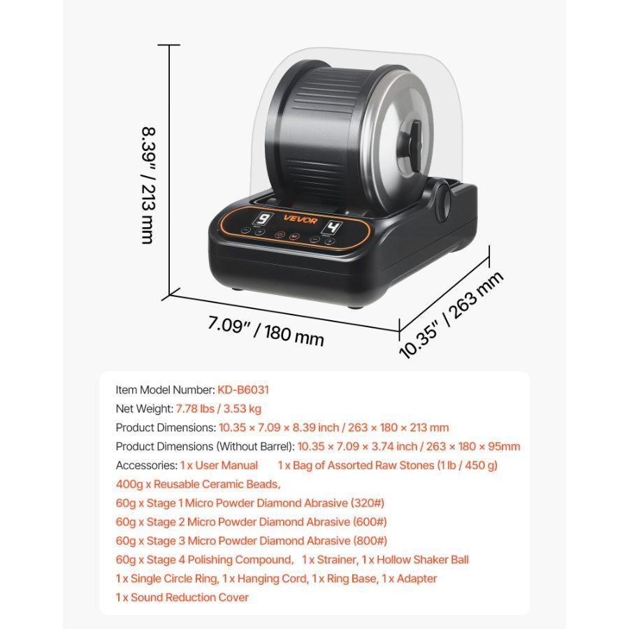 VEVOR Rock Tumbler, 3 lb Rock Polishing Machine, Rocks Tumbling Kit with 4-Speed Adjustment, 1-9 Day Timer, PC Sound Reduction Cover TPU Drum, Direct Drive Motor Rocks Polishing, Quiet Operation