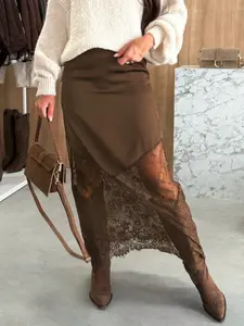 Women's Summer Spring Satin Lace Patchwork High-Waisted Skirt, Elegant Long Plain Design, Slim-Fitting Natural Waist Dress