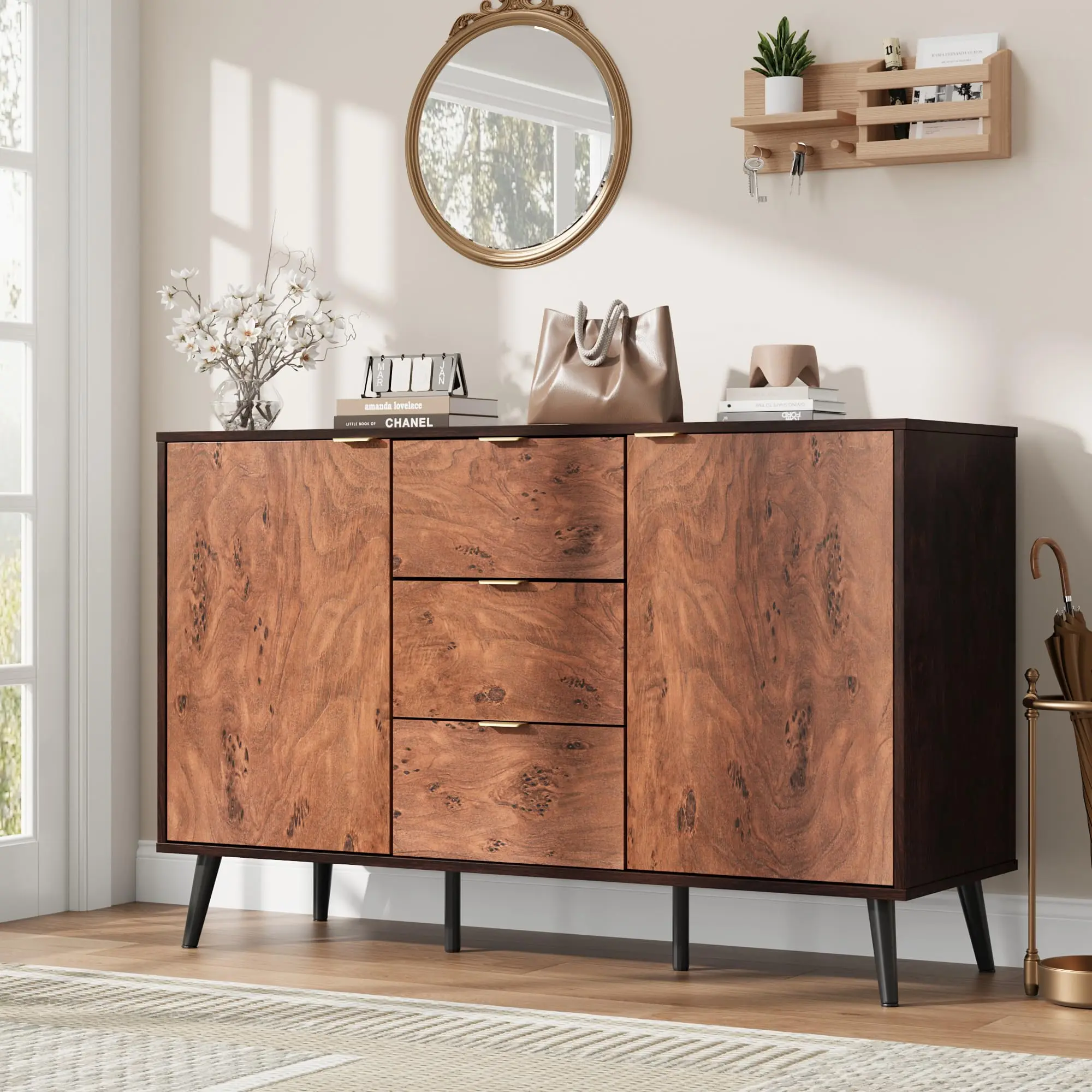 Garvee 51-in Rectangular Farmhouse Sideboard Buffet Cabinet with Legged Base, Drawers & Shelves, Rustic Wood Storage Unit for Dining Room, Living Room