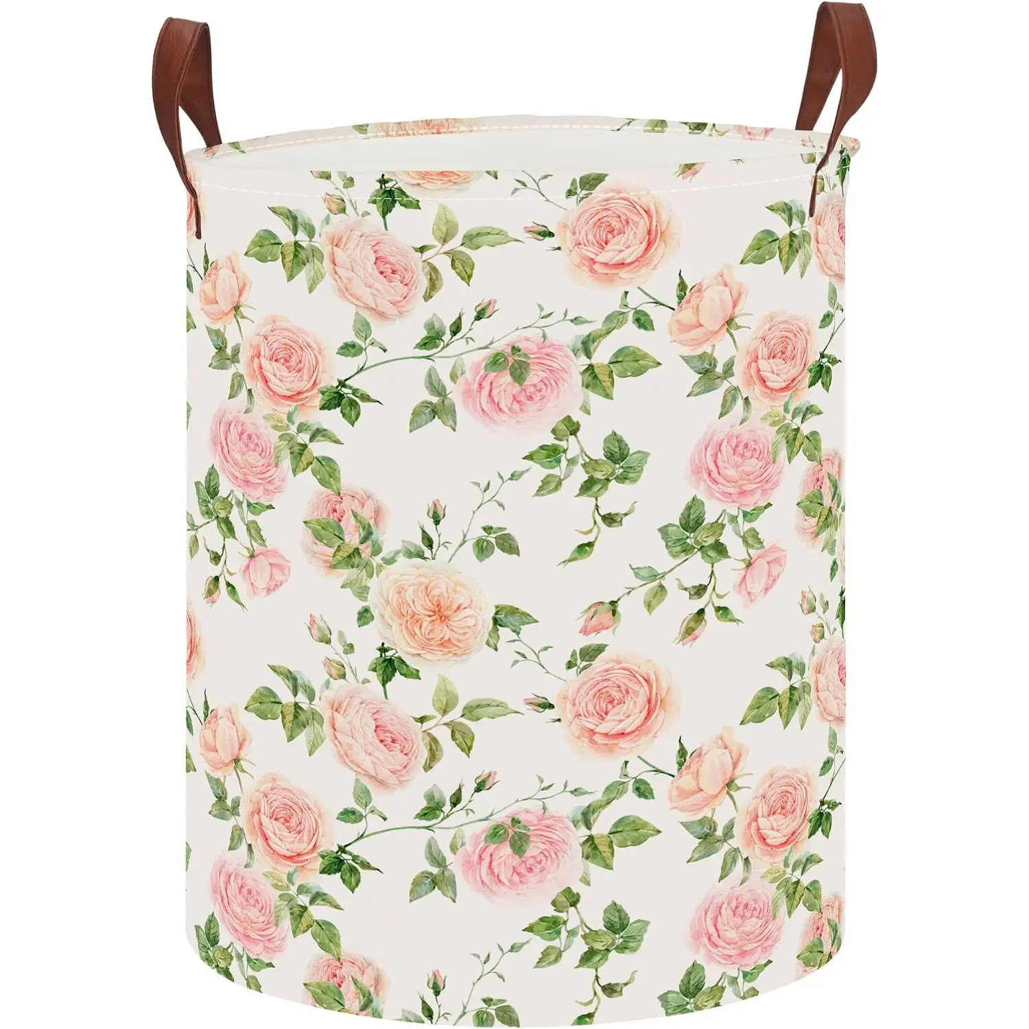 Round Collapsible Flat Storage Basket,Fabric Laundry Hamper,Storage Bag(Watercolor Rose)