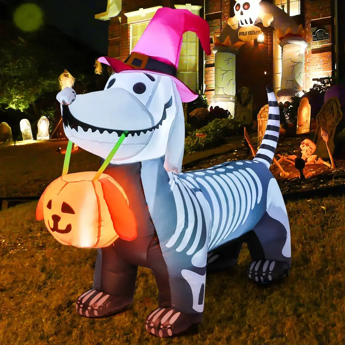 5Ft Halloween Inflatables with  LED Lights, Blow-Up Pumpkin & Skeleton Puppy for Indoor/Outdoor Yards and Parties