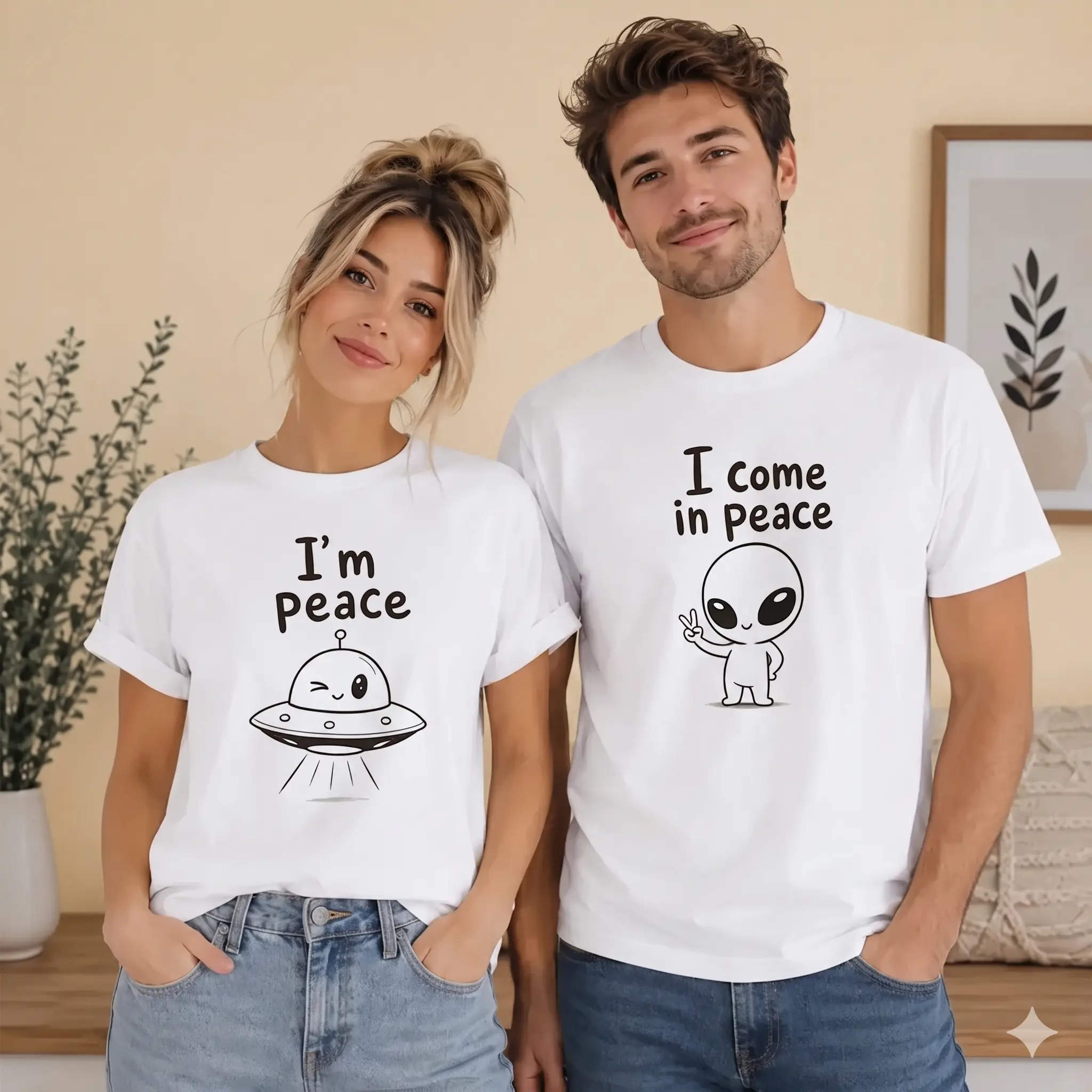 Matching BF and GF Casual Round Neck Short Sleeve Shirts, Funny I Come In Peace Alien Graphic Clothes - Anniversary Valentine Day Gift for Boyfriend Girlfriend, Shortsleeve, Boyfriend Gifts, Couple Gifts For Adults, Gifts For Boyfriends