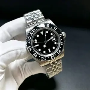 Men's GMT Dive Sports Watch, Black Ceramic Rotating Bezel, Stainless Steel Bracelet Luxury Timepiece