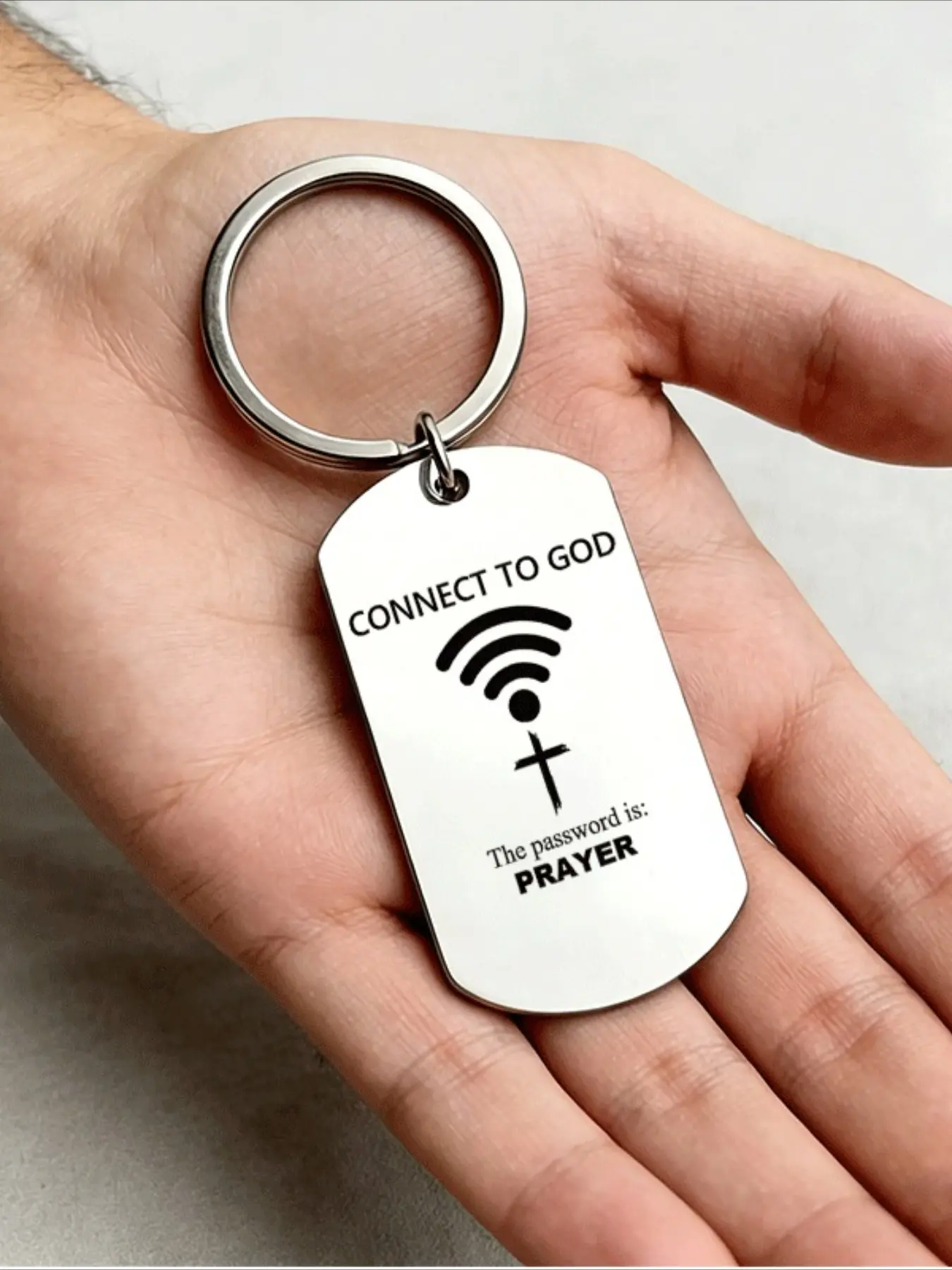 1 piece, religious creative connection theme ** "CONNECT TO GOD" WiFi signal + cross pattern + "The password is: PRAYER" prayer password typesetting ** Metal dog tag keychain, faith theme pendant, unisex believer gifts, suitable for festivals/creative